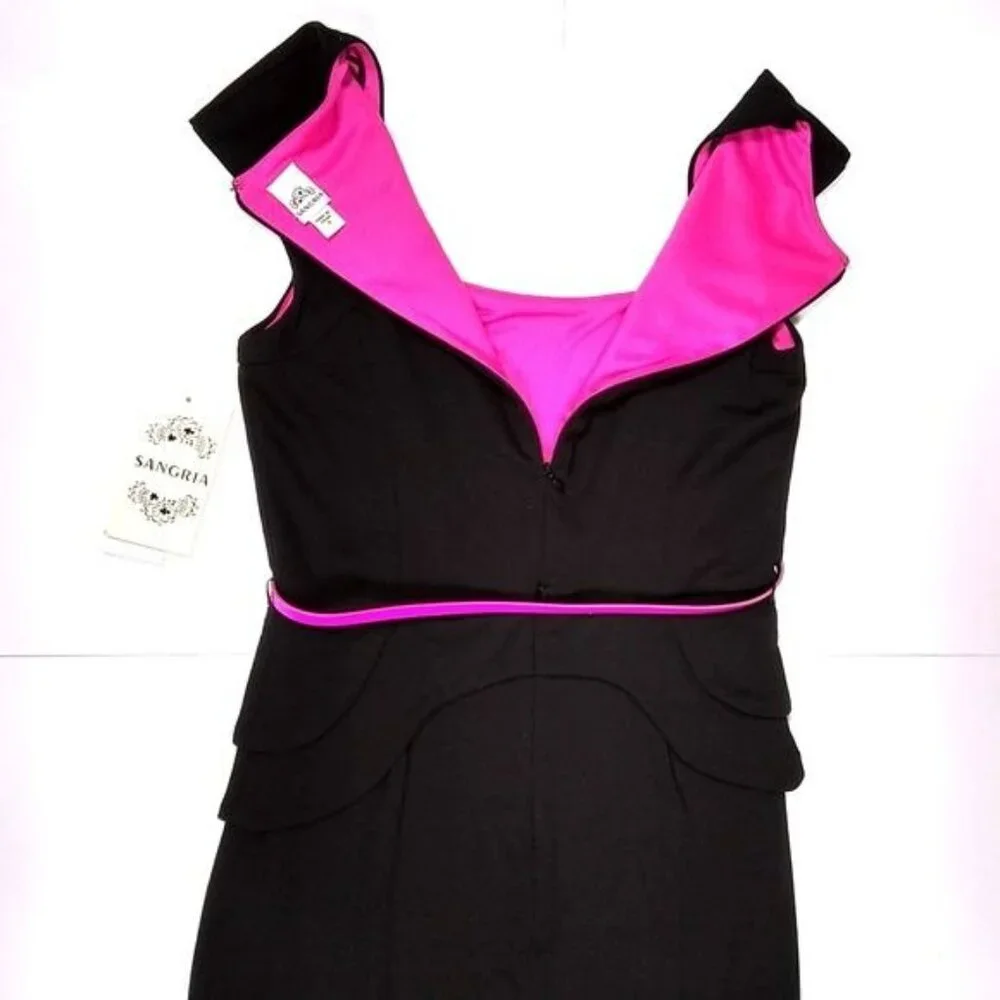 Sangria Peplum Black Pink Belted Cap Sleeve Sexy Dress Size 4 Corporate Femme